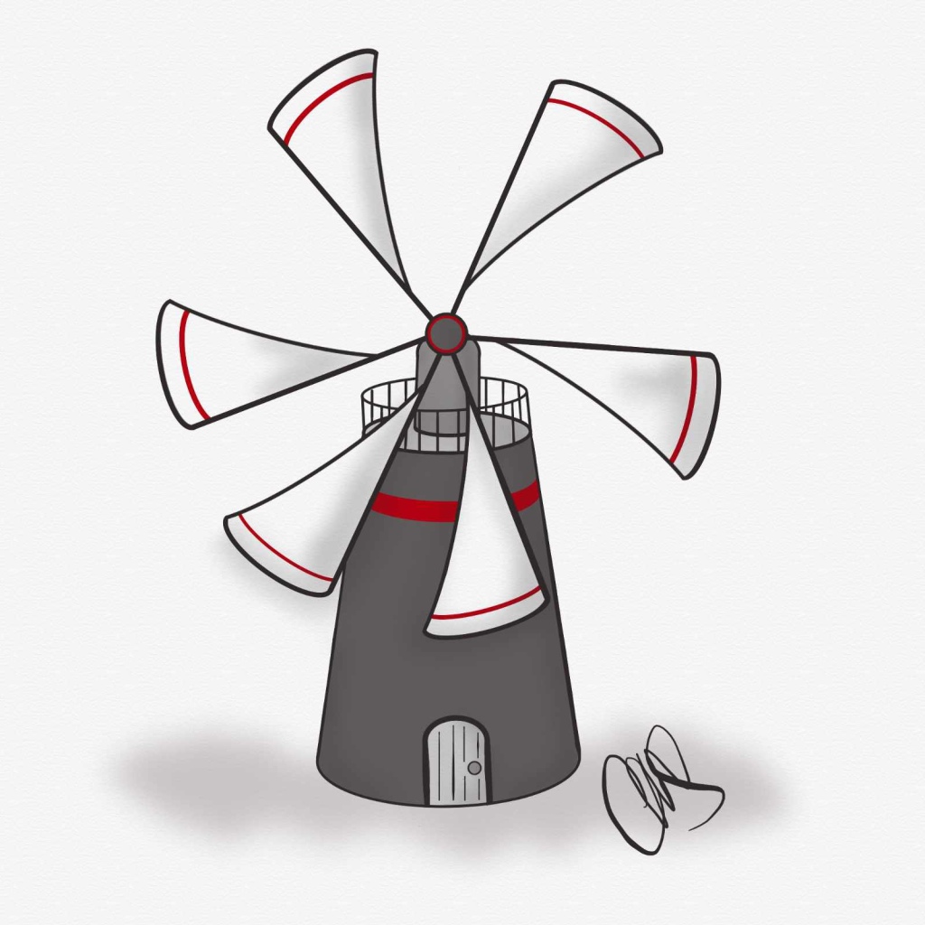Drawing of a windmill. The windmill kind-of looks like a cross between a lighthouse and a windmill. There are red stripes on all the blades of the windmill as well as the tower.