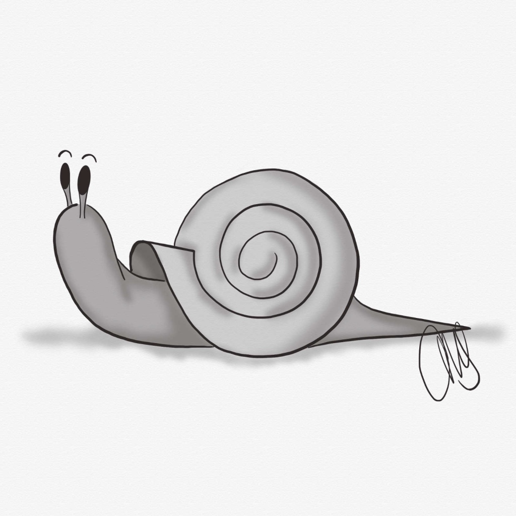 Black and white digital drawing of a cartoon snail