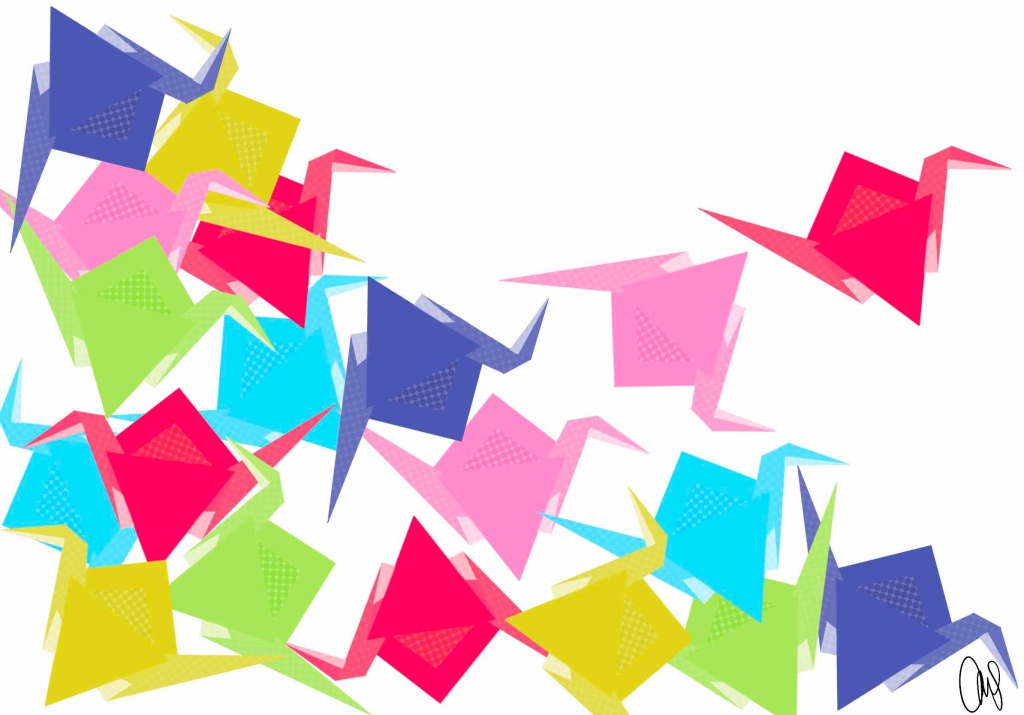Illustration of paper cranes in every color of the rainbow. They are all jumbled together more heavily on the left and getting dispersed as you move to the right and the upper right corner empty canvas.