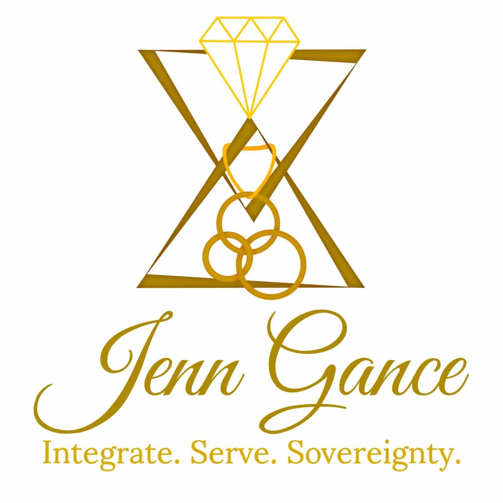 two intersecting triangles with a diamond floating in front of the top triangle and a necklace with 3 intertwined rings. below the graphic is text reading “Jenn Gance” and a tagline reading “Integrate. Serve. Sovereignty”. the entire logo is in shades of yellow and gold.