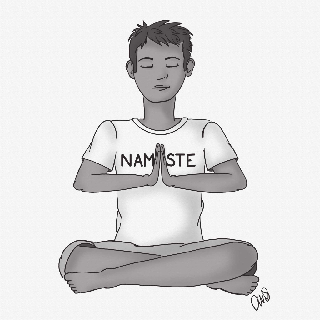 black and white illustration of a man meditating, t-shirt reads Namaste