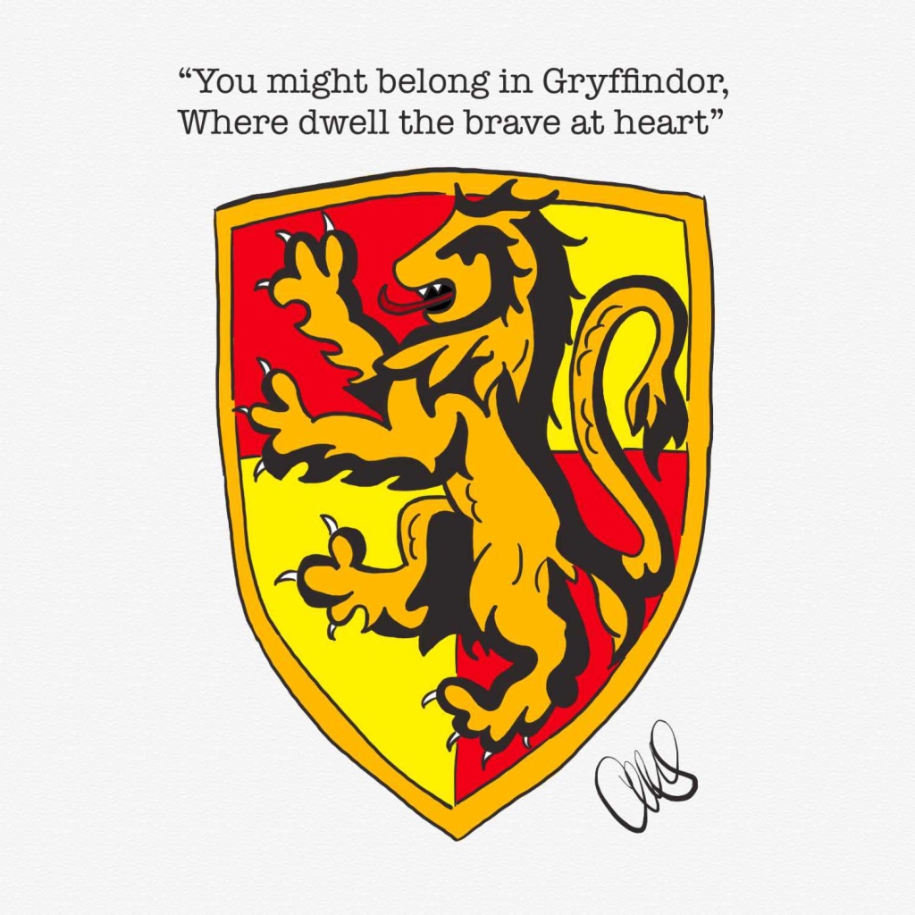Illustration of gryffindor house crest, a lion on a shield. Text reads “You might belong in Gryffindor, Where dwell the brave at heart”