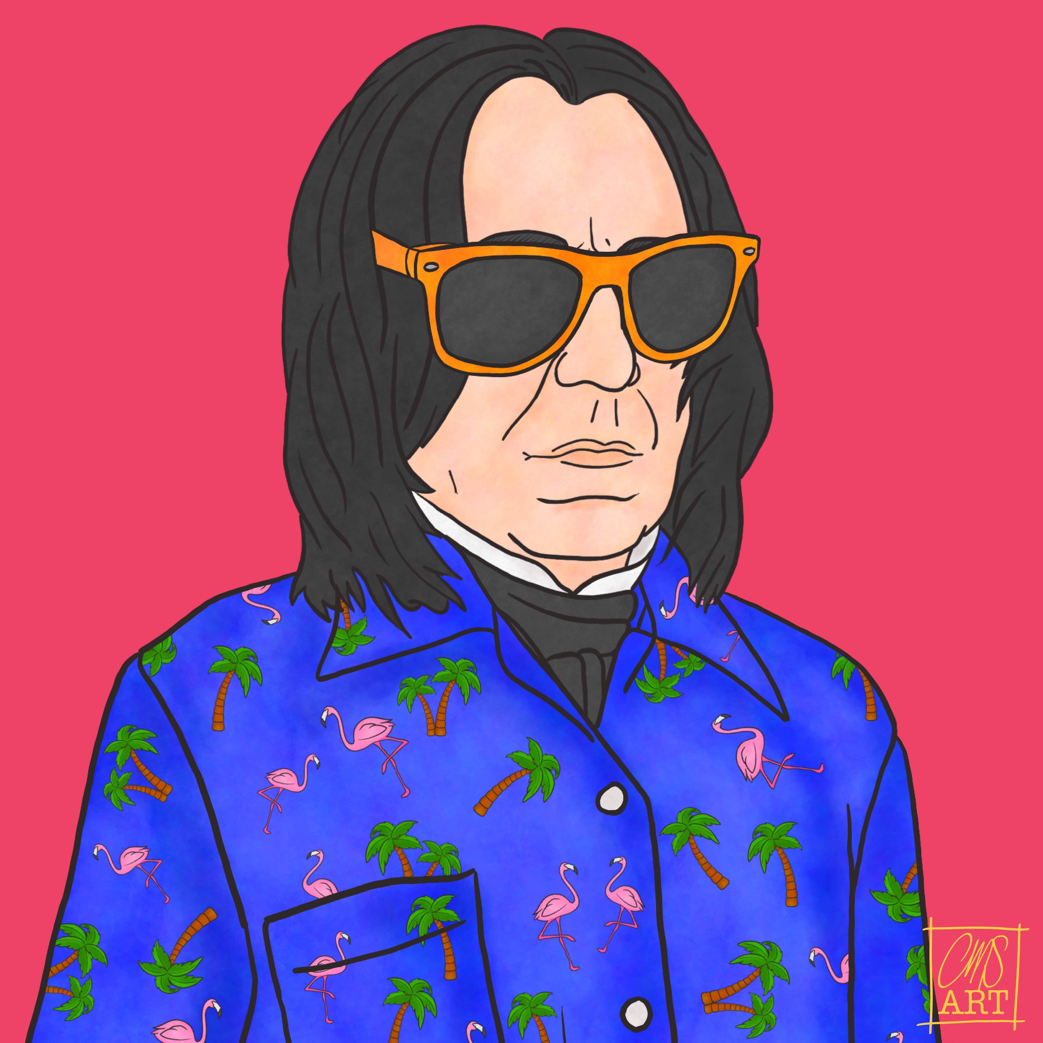 Illustration of Alan Rickman as Severus Snape wearing a Hawaiian shirt and sunglasses looking serious but ready to hit the beach on a pink background