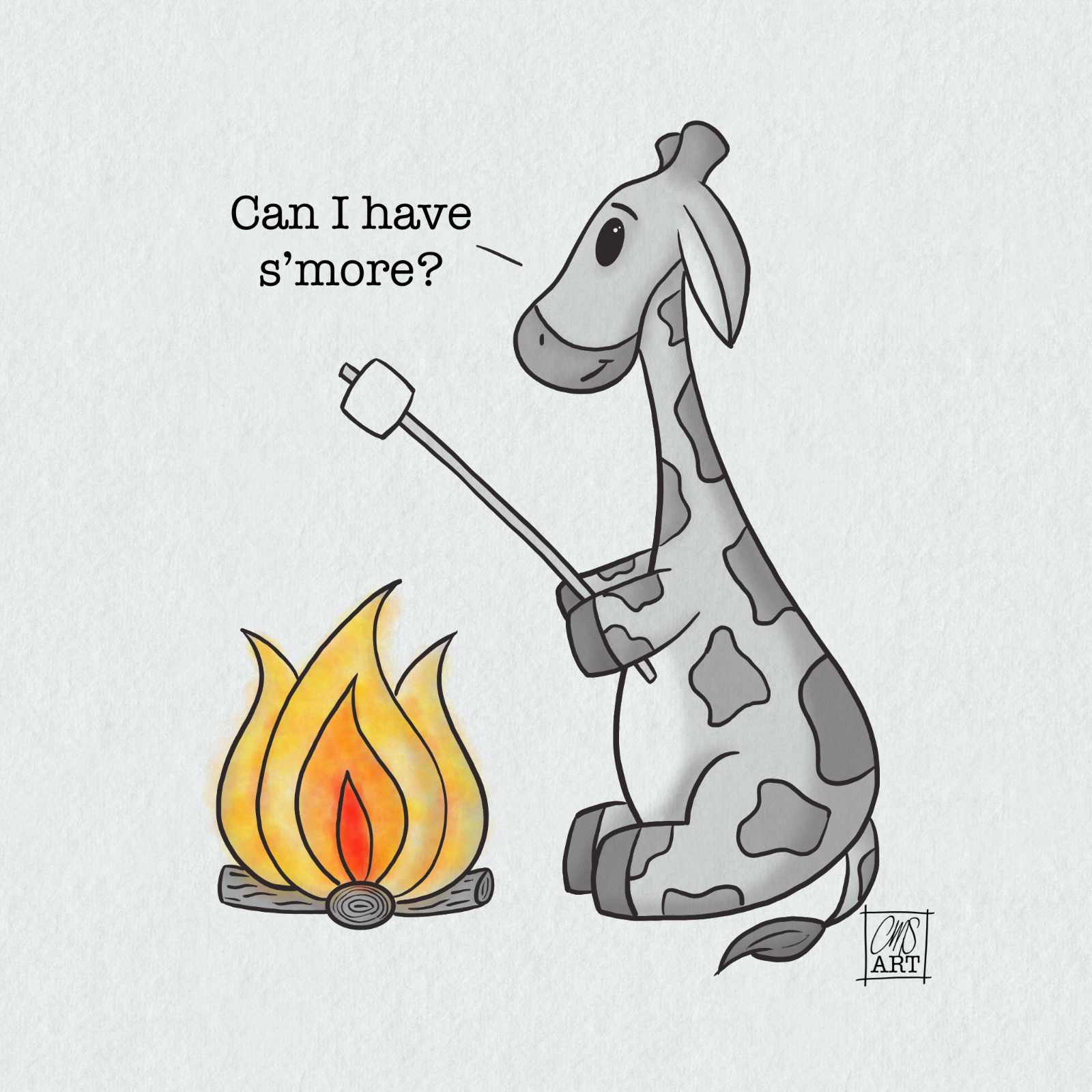 illustration of Gigi the Giraffe sitting over a camp fire making s’mores. everything is black and white except the flames. Text reads: Can I have s’more?