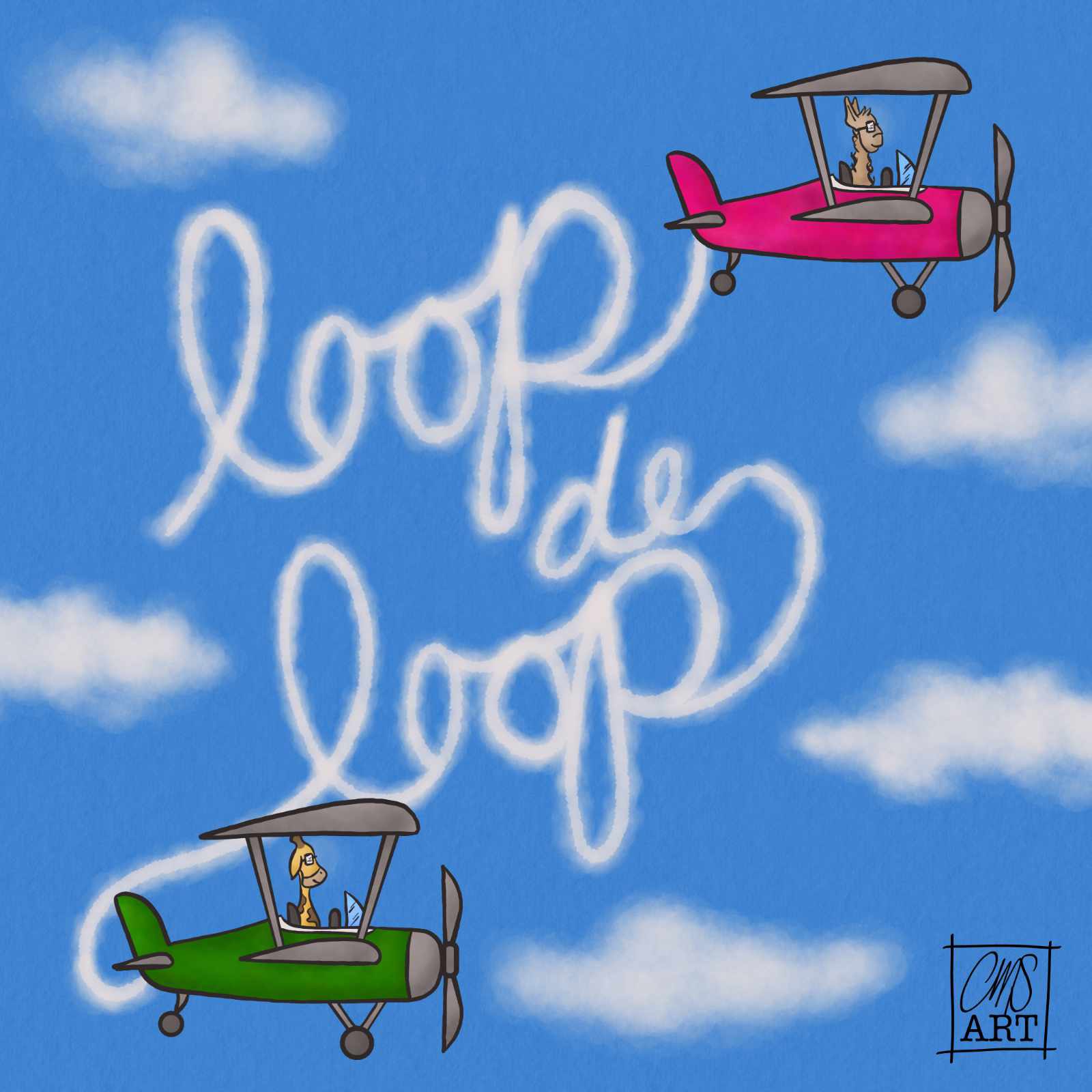 Lulu the Llama (pink prop plane) and Gigi the Giraffe (green prop plane) are sky writing Loop de Loop on a clear blue day with clouds in the sky.