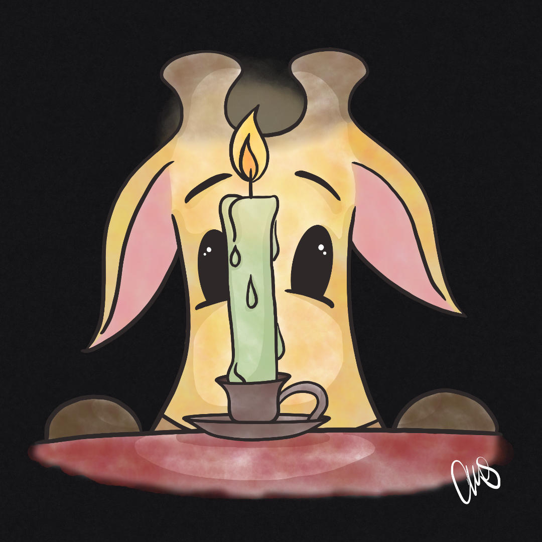 illustration of gigi the giraffe peeking up over a table in wonder at a lit green candle that is dripping and glowing.