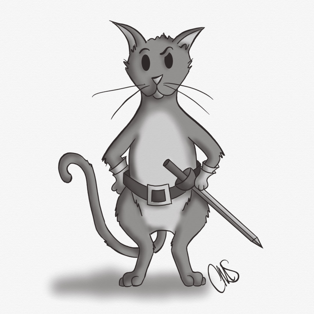 Cat standing on heind legs with eyebrow raised. wearing a belt with a sword and gauntlets on front paws.